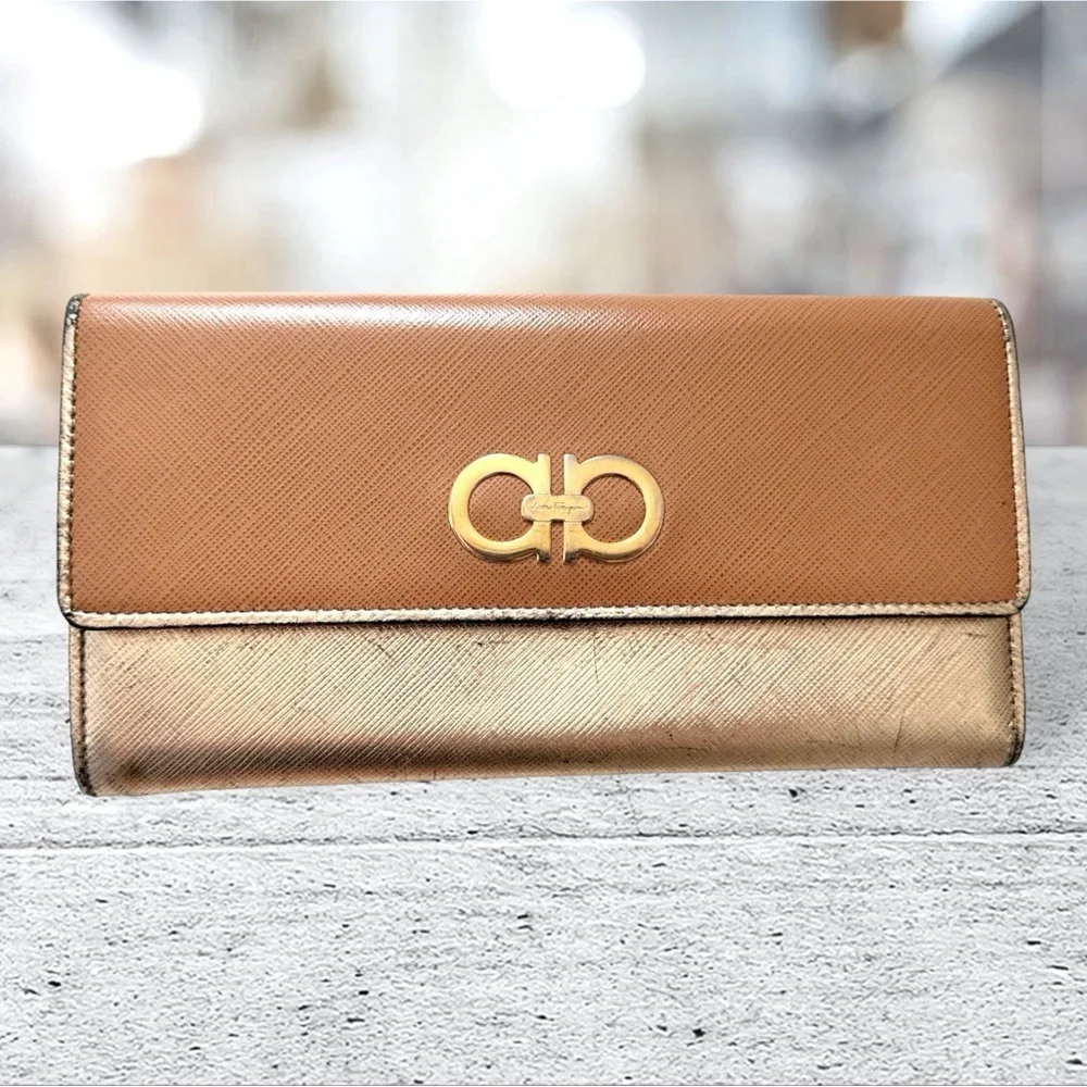 Salvatore Ferragamo VINTAGE Saffiano Metallic Gold Leather Long Wallet
